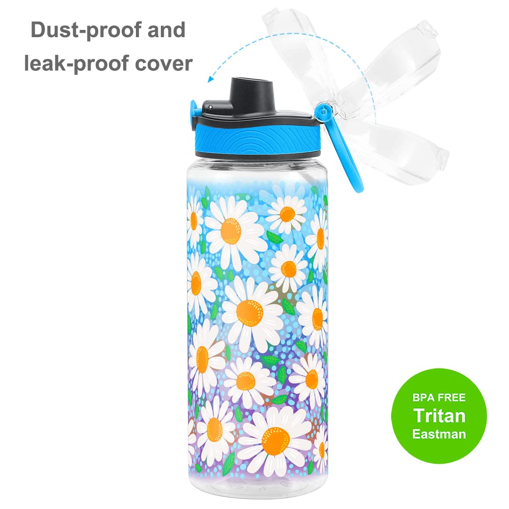 Cute Water Bottle for School Kids Girls, BPA FREE Tritan & Leak Proof & Easy Clean & Carry Handle, 23oz/ 680ml - Daisy