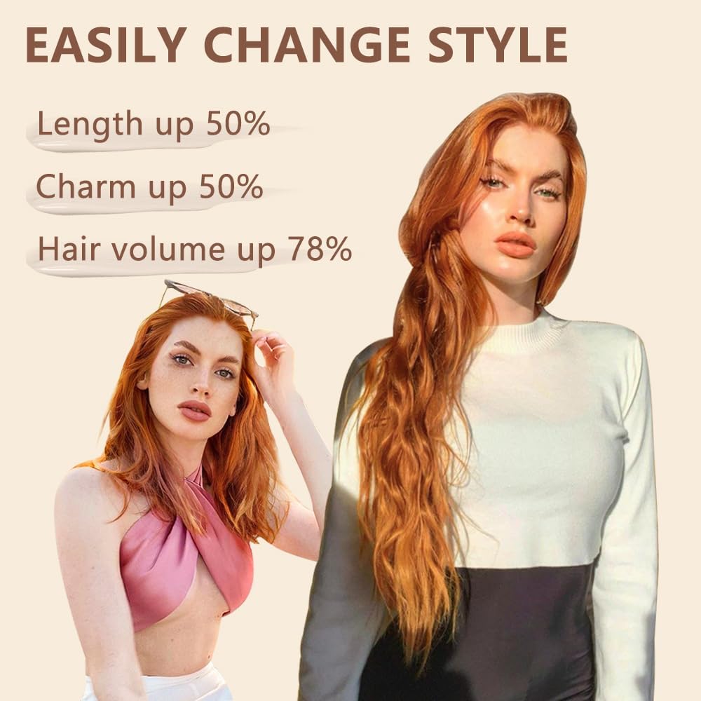 ALXNAN Clip in Hair Extension,Long Wavy Hair Extensions 20 Inch Orange Red 4PCS Thick Hairpieces for Women