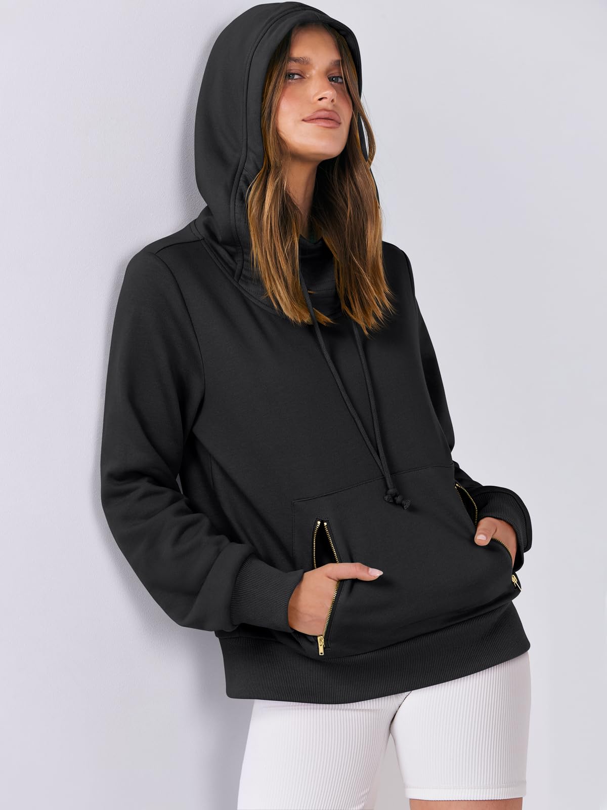 ANRABESS Womens Hoodie Cowl Neck Long Sleeve Sweatshirts 2024 Winter Fashion Pullover With Drawstring Teen Girls Clothes Black Small