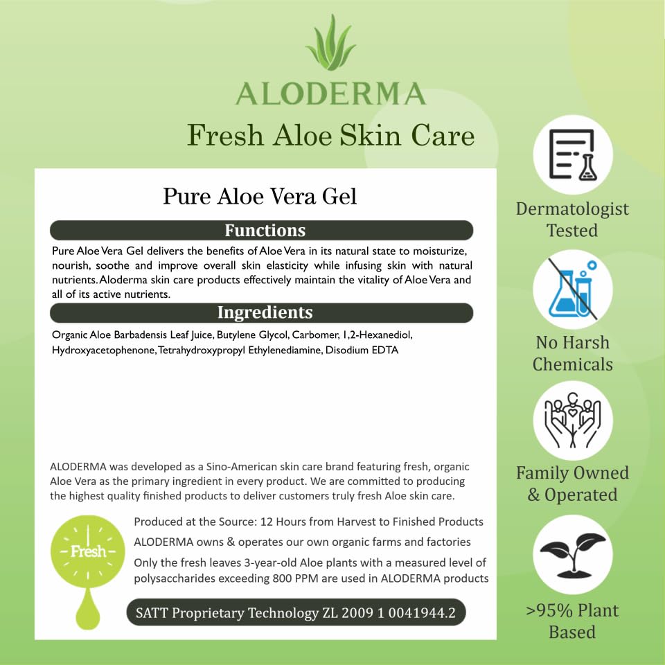 Aloderma Organic Aloe Vera Gel for Face Made within 12 Hours of Harvest, 96% Pure Aloe Vera Gel for Skin, Scalp, & Hair, Soothing Aloe Face Moisturizer, Multipurpose Skin Care, Hydrating Aloe Gel, 7oz