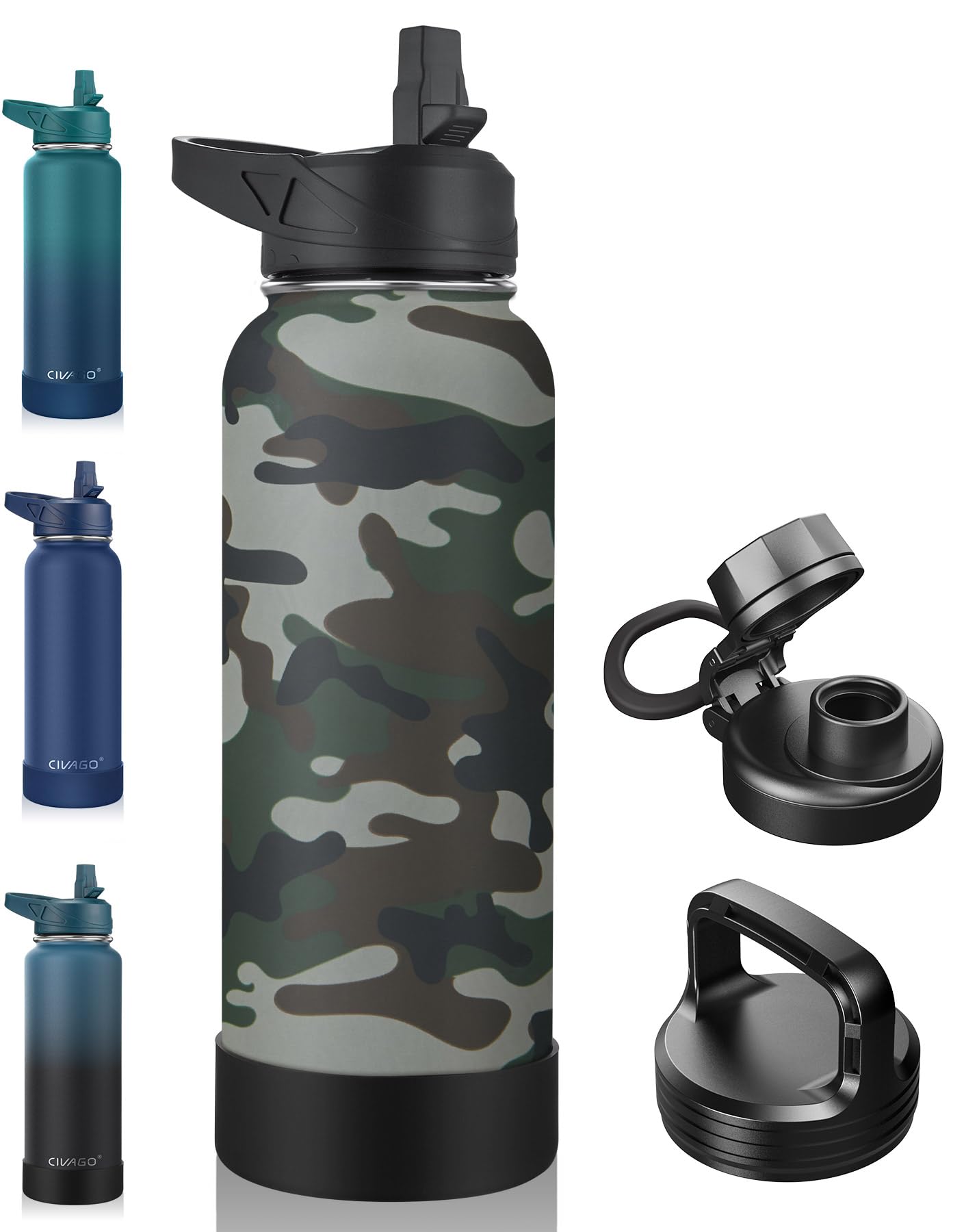 CIVAGO 40 oz Insulated Water Bottle With Straw, Stainless Steel Sports Water Flask Cup with 3 Lids (Straw, Portable Spout and Handle Lid), Double Walled Travel Thermal Canteen Mug, Camo
