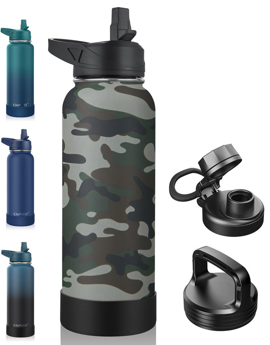 CIVAGO 40 oz Insulated Water Bottle With Straw, Stainless Steel Sports Water Flask Cup with 3 Lids (Straw, Portable Spout and Handle Lid), Double Walled Travel Thermal Canteen Mug, Camo