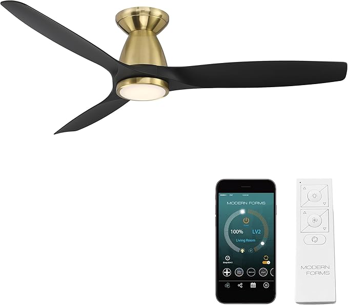 Skylark Smart Indoor and Outdoor 3-Blade Flush Mount Ceiling Fan 54in Satin Brass Black Adjustable CCT 2700K-3000K-4000K-5000K LED Light Kit and Remote Control works with Alexa and iOS or Android App