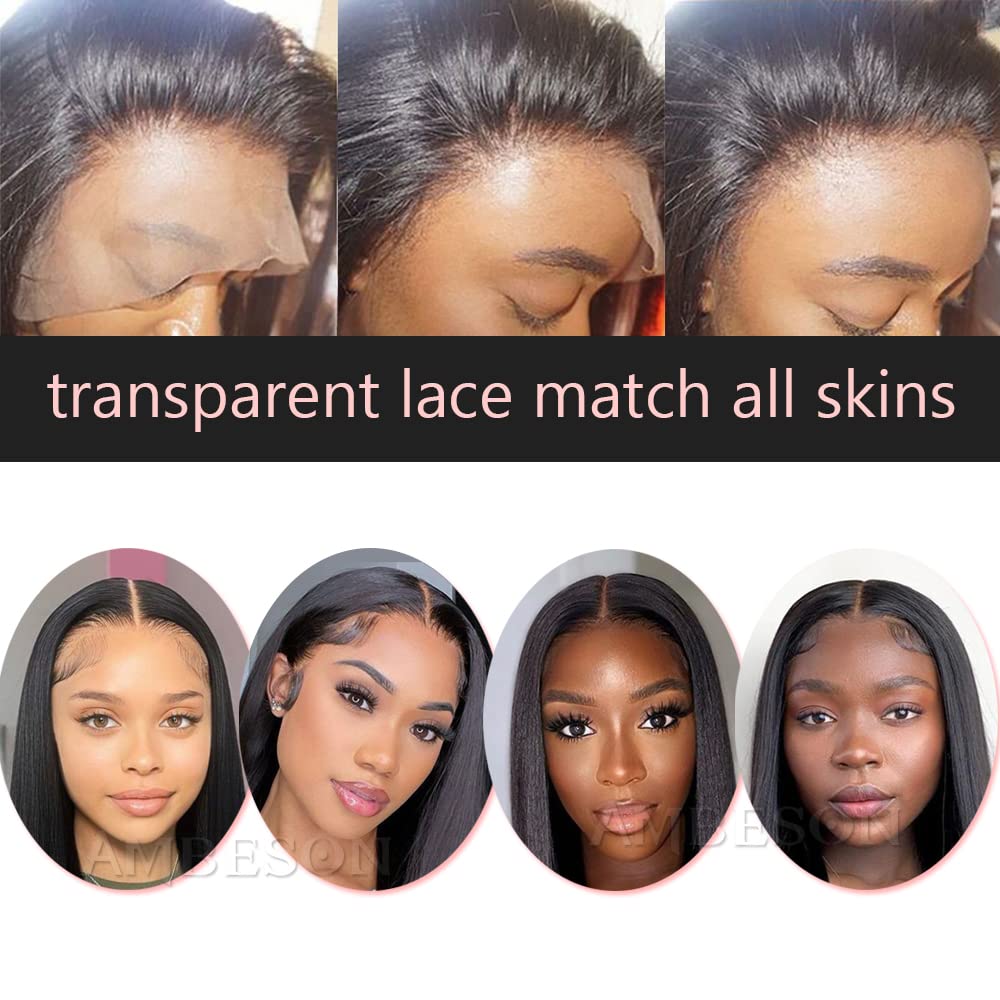 Ambeson Straight Lace Front Wigs Human Hair Pre Plucked with Baby Hair 150% Density Brazilian Virgin Frontal Wigs Human Hair Glueless HD Lace Closure Human Hair Wigs for Women(22 Inch)