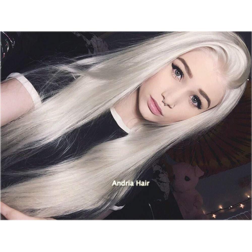 ANDRIA 13x6 HD Lace Front Wigs 200% Density Platinum Blonde Straight Glueless Lace Wigs White Lace Frontal Wigs for Women Synthetic Heat Resistant Fiber Hair Wig With Baby Hair Pre Plucked 28 Inches
