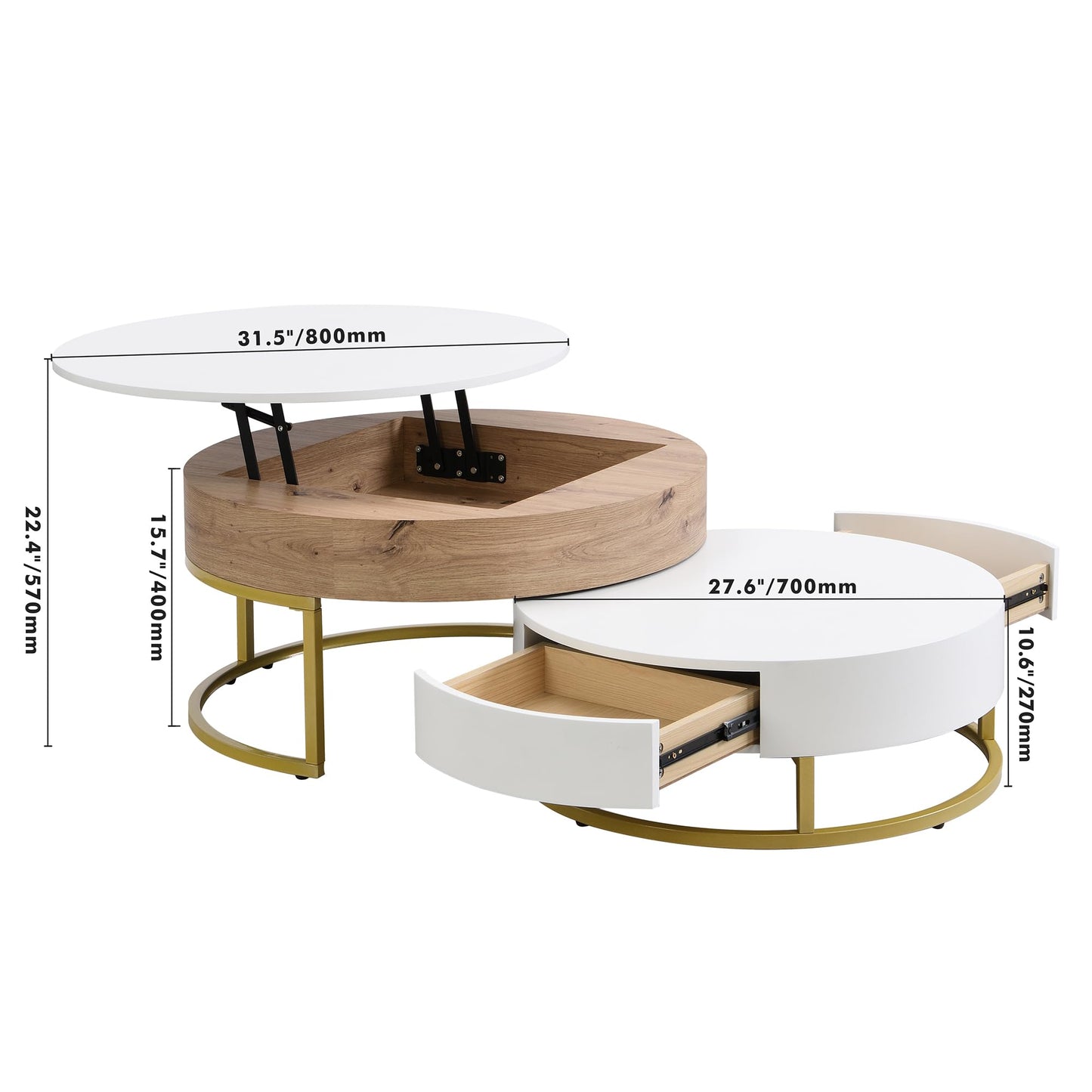 HanStrong Round Lift-Top Nesting Coffee Table Set of 2, Modern Coffee Table with 2 Storage Drawers, Circular Wood Center Table Set for Living Room, Apartment, White & Oak