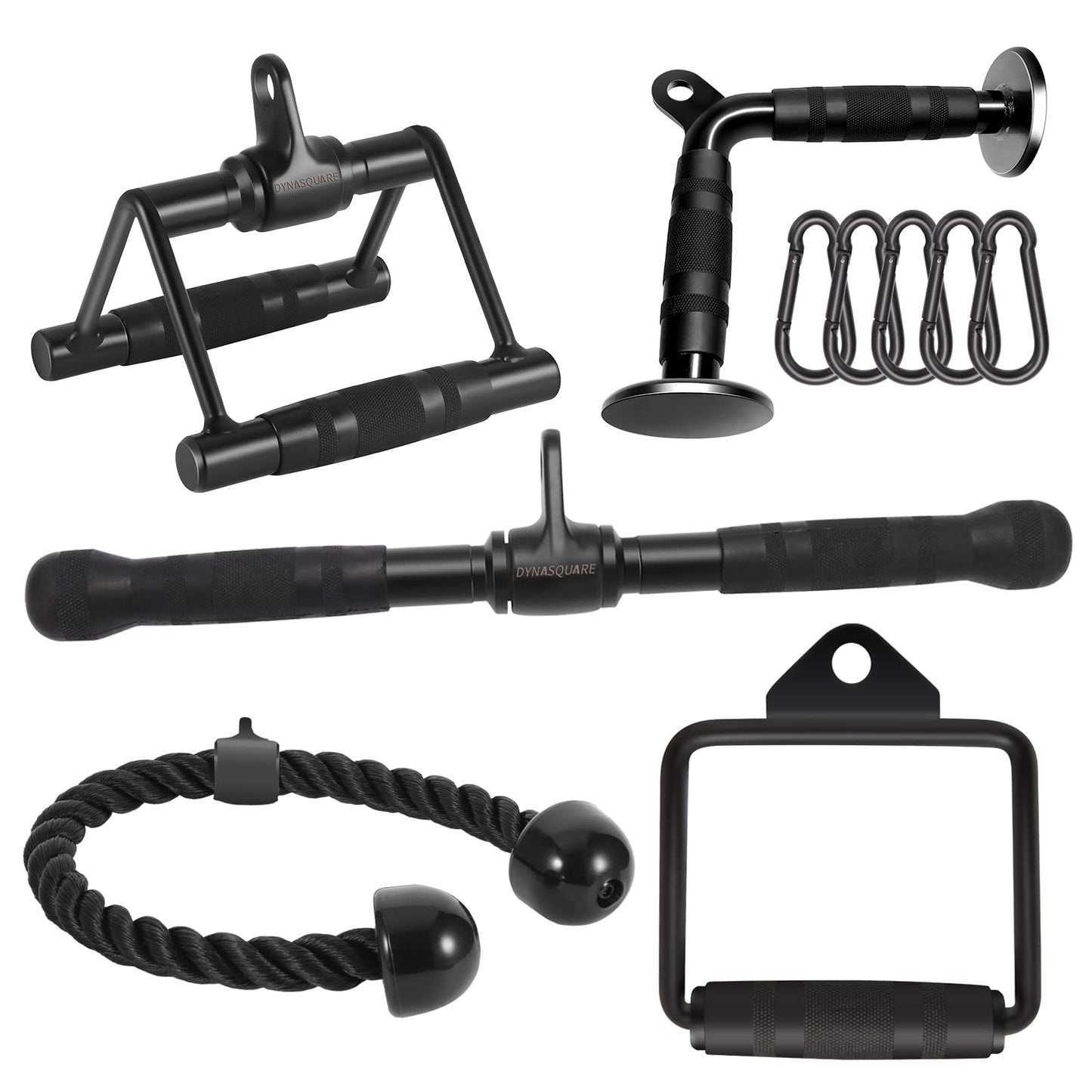 DYNASQUARE Cable Attachments for Home Gym, Made of Heavy Duty Solid Steel, LAT Pulldown Attachment, Weight Machine Accessories, Straight Pull Down Bar, Tricep Rope, Exercise & Double D Handle