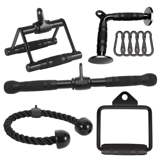 DYNASQUARE Cable Attachments for Home Gym, Made of Heavy Duty Solid Steel, LAT Pulldown Attachment, Weight Machine Accessories, Straight Pull Down Bar, Tricep Rope, Exercise & Double D Handle