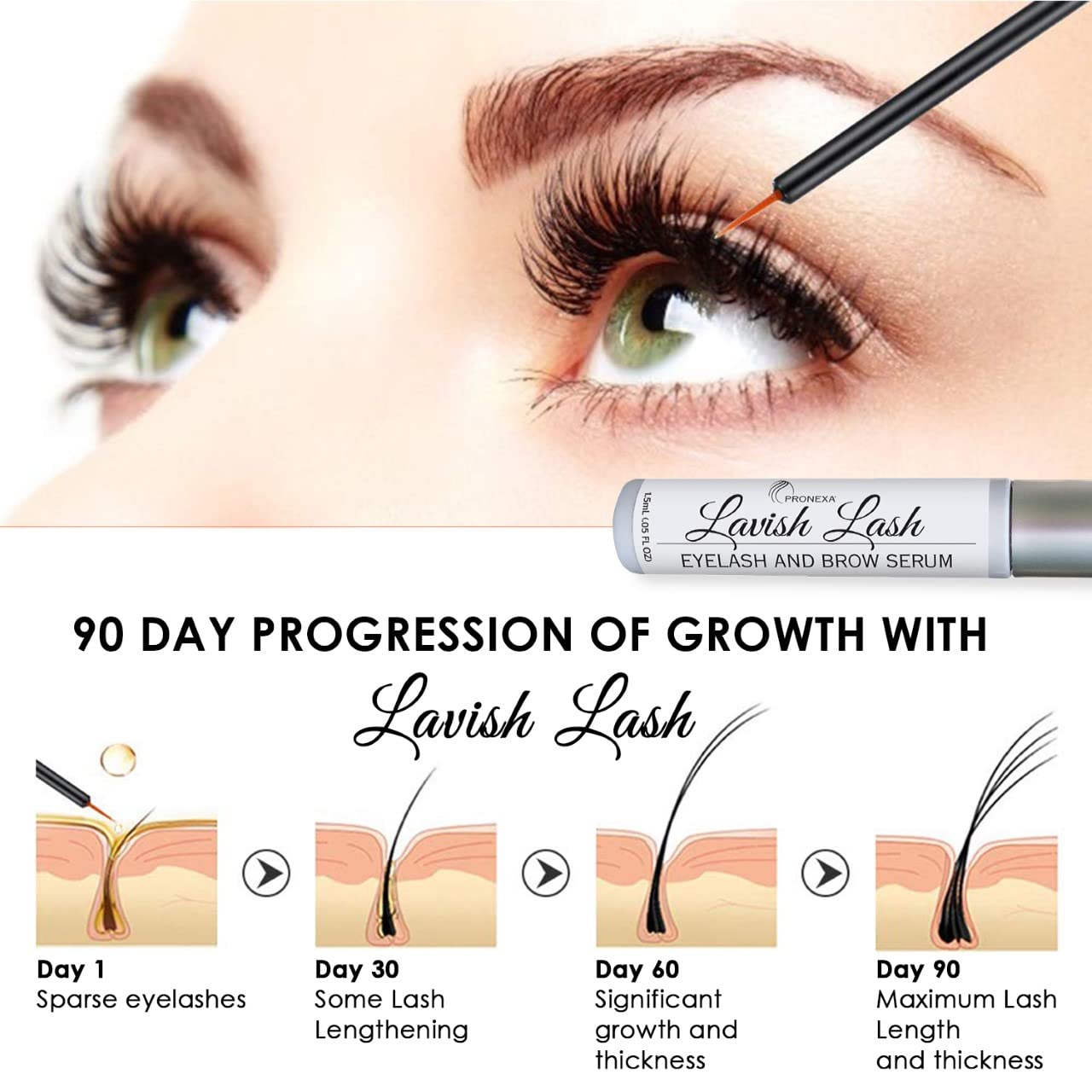 Pronexa Hairgenics Lavish Lash (3ml, 3 Month Supply) – Eyelash Growth Enhancer & Brow Serum with Natural Peptides for Long, Thick Lashes and Eyebrows! Dermatologist Certified & Hypoallergenic.