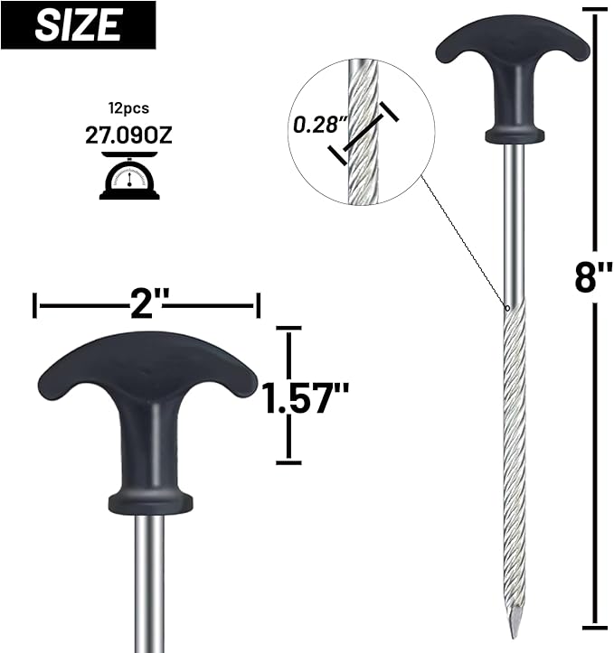 12pcs Heavy Duty Stakes AVOFOREST 8 inch Tent Stakes Portable Camping Stakes for Camping Patio, Garden, Canopies, Grassland, Outdoor (Black)