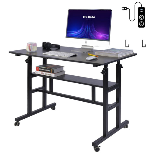 AIZ Mobile Standing Desk, Adjustable Computer Desk with Rolling Wheels, Home Office Double-Layer Computer Workstation with USB Ports and Outlets, Portable Laptop Table for Standing or Sitting, Black