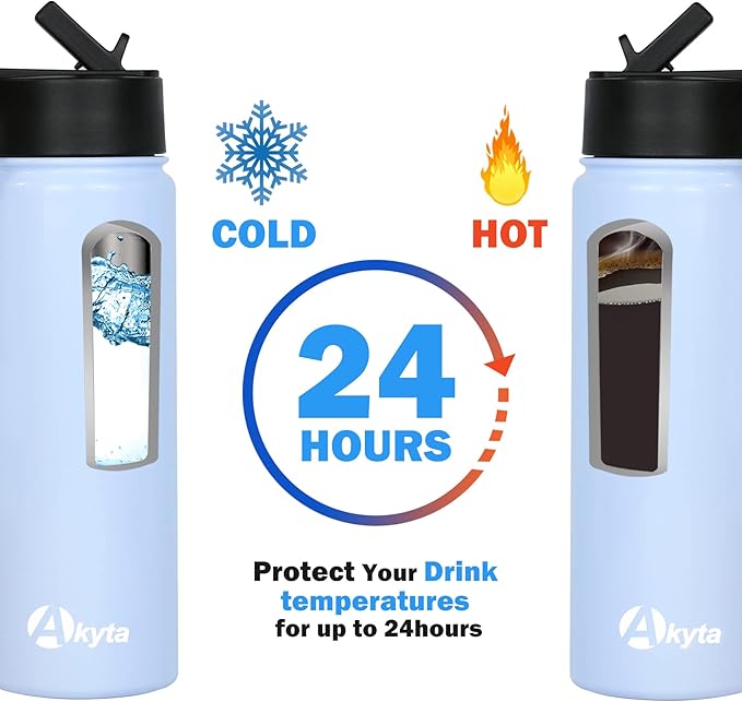 Sports Stainless Steel Water Bottle with Straw, Spout lid-32OZ -Wide Mouth Vacuum Insulated Thermos Water Bottles, Keep Water Cold/Hot, Metal Water Bottle for Biking Hiking (Light Blue, 32OZ)