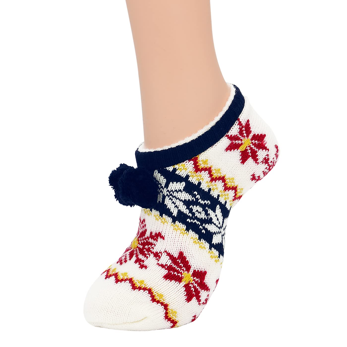 American Trends Slipper Socks for Women Non Slip Christmas Socks Comfy Warm Winter Grippy Socks with Grippers Beige Red Snow