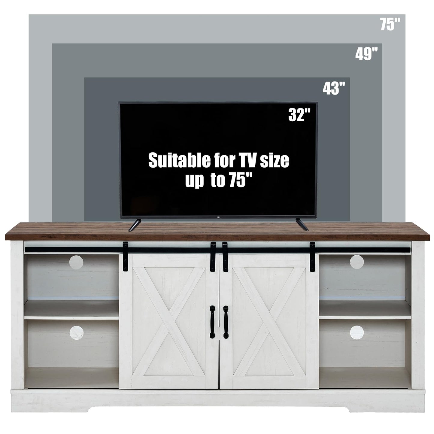 AMERLIFE 66" Farmhouse TV Stand for 75 Inches TVs, Entertainment Center with Sliding Barn Door and Adjustable Shelf & Feet, Console Table with Storage, Distressed White & Rustic
