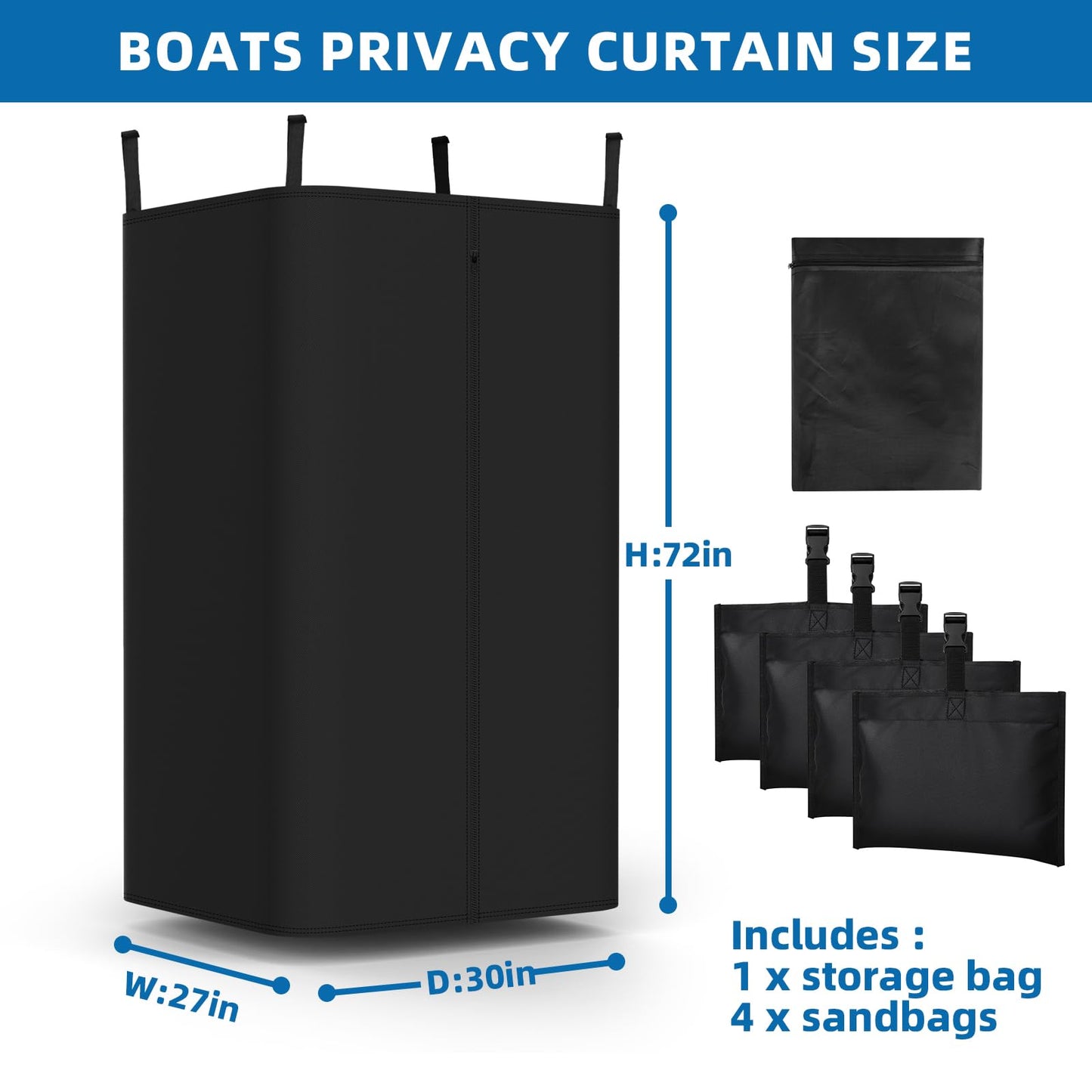 Yexcend Privacy Tent for Boats, 800D Waterproof Fabric Boat Privacy Curtain Pontoons Changing Room with Windproof Sandbags, Easy to Install Under Bimini Top, 30" D x 27" x W 72" H