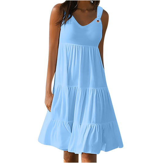 Anjikang prime deals today Summer Dresses for Women 𝟮𝟬𝟮𝟰 Sleeveless Beach Tank Dresses Tiered Ruffle Swing Dress Casual Solid Color Dresses, Large