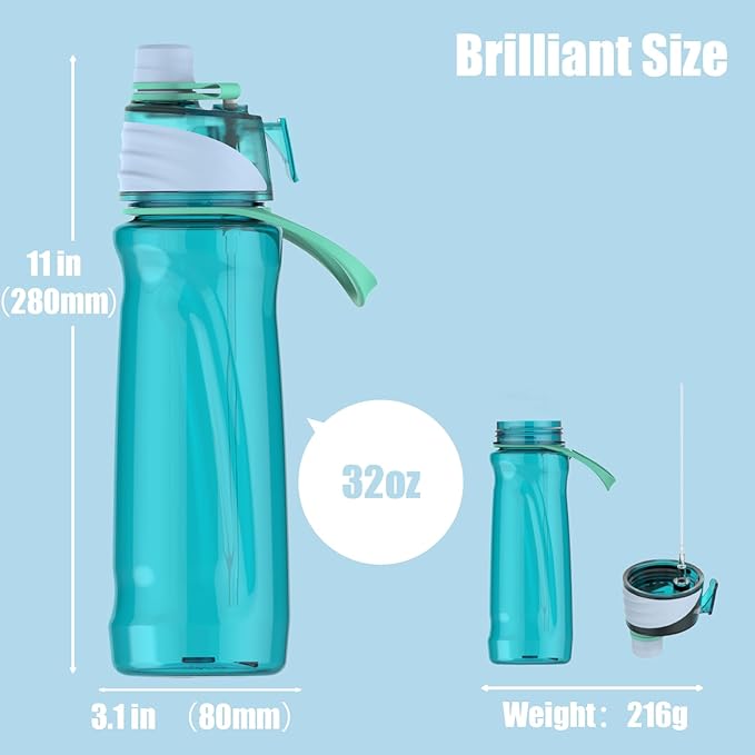 FEIJIAN Mist Water Bottle,32oz Sports Water Bottle with 2-IN-1 Mist & Sip Function, BPA-Free Plastic Water Bottles, Misting Water Bottle, Leakproof & Lightweight, Ideal for Fitness and Outdoor, Blue