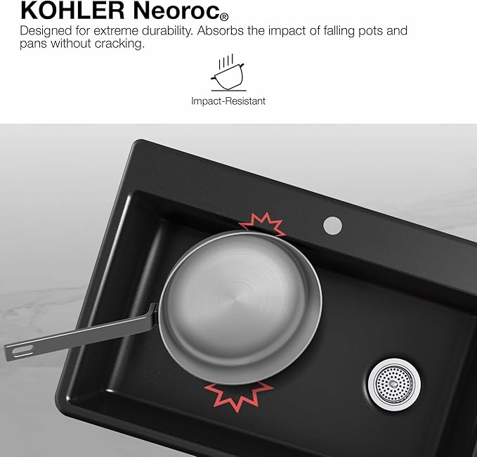 KOHLER K-28000-CM6 Cairn 27.5" Neoroc Composite Undermount Single-Bowl Kitchen Sink, Composite Kitchen Sink with Sink Rack, Matte White