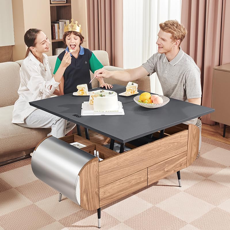 ALIVING Coffee Table, 47.2" Lift Top Coffee Table with 4 Storage Drawers and Rounded Edges, Farmhouse Center Table with Wooden Lift Tabletop, for Living Room,Walnut