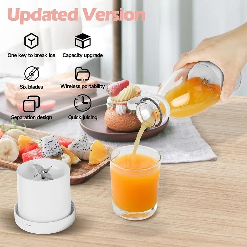 Portable Electric Juicer Bottle | Mini Blender for Fresh Juice, Smoothies | Personal Blender with 6 Blades | Wireless Rechargeable Travel Blender Milkshakes Juicer for Home Sports Outdoors (White)
