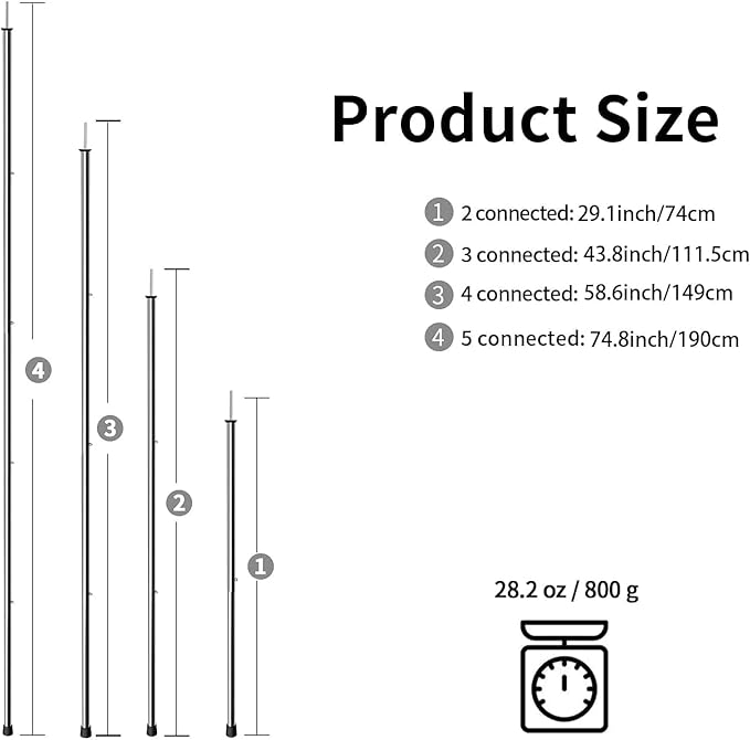 KOMCLUB Telescoping Tent Poles Adjustable Tarp Poles Camping Stainless Steel Lightweight Tent Poles for Trap Sun Sails Canopy Awning Shelter Backpacking Hiking 78 in Set of 4