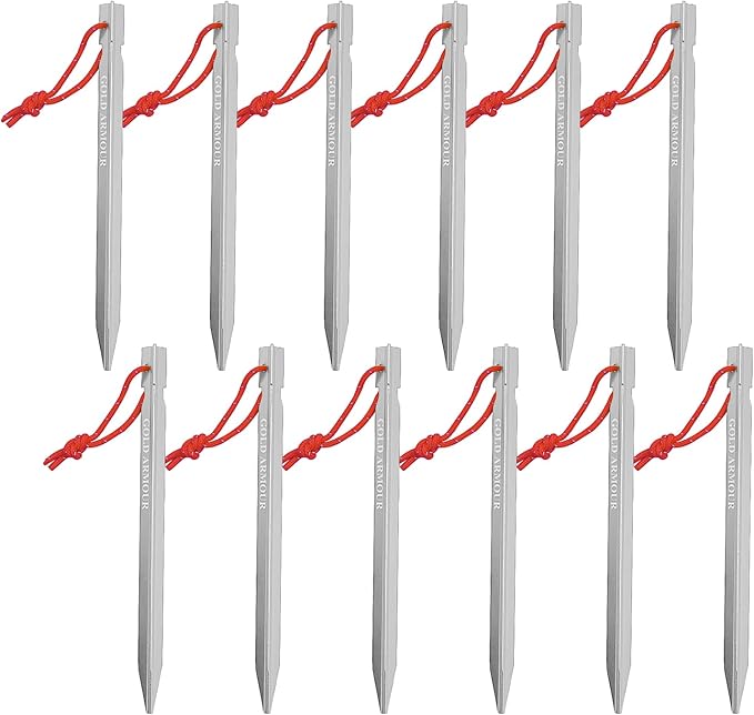 Gold Armour Tent Stakes - 12 Pack Heavy Duty, Lightweight, Camping Stakes Pegs for Outdoor Tent and Tarp, Essential Camping Gear Equipment Accessories (Silver)