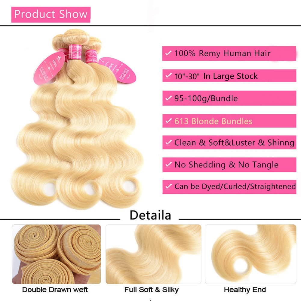 Aopusi 613 Blonde Human Hair 3 Bundles with Frontal Brazilian Body Wave Bundles with 13×4 Free Part Frontal 100% Virgin Human Hair Weave with Swiss Lace Frontal Closure(10 12 14+10)