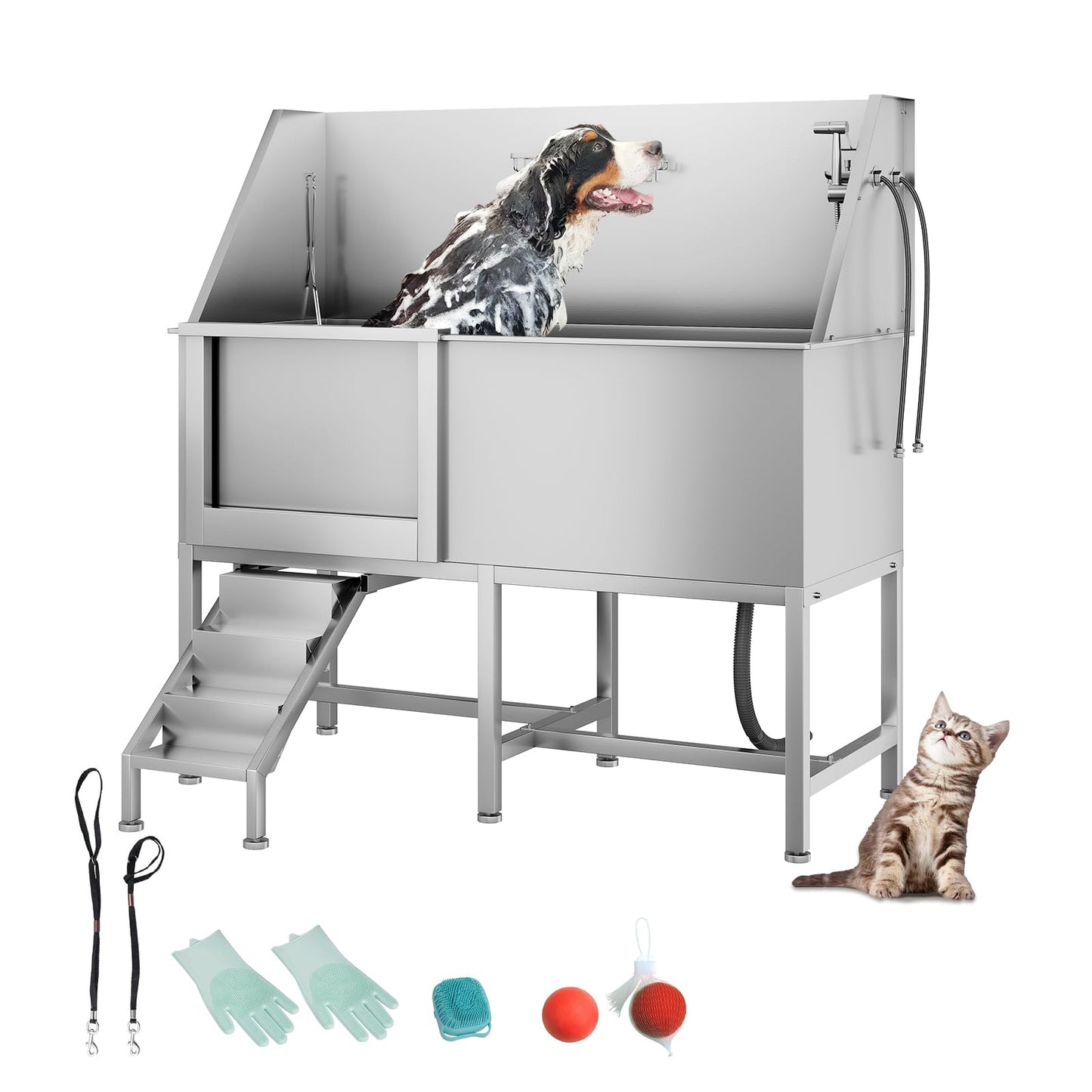 COOLYI 62'' Stainless Steel Dog Washing Station for Large Dogs, Heavy Duty Dog Grooming Bathtub with Bath Brush & Washing Gloves, Pet Bathtub for Dogs with Retractable Ramp