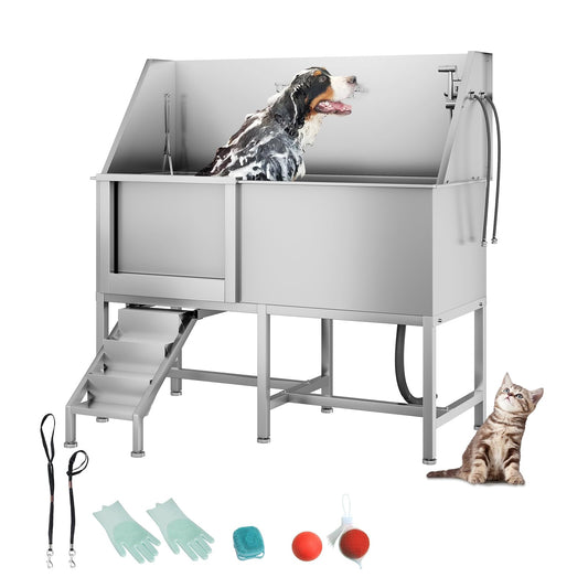 COOLYI 62'' Stainless Steel Dog Washing Station for Large Dogs, Heavy Duty Dog Grooming Bathtub with Bath Brush & Washing Gloves, Pet Bathtub for Dogs with Retractable Ramp