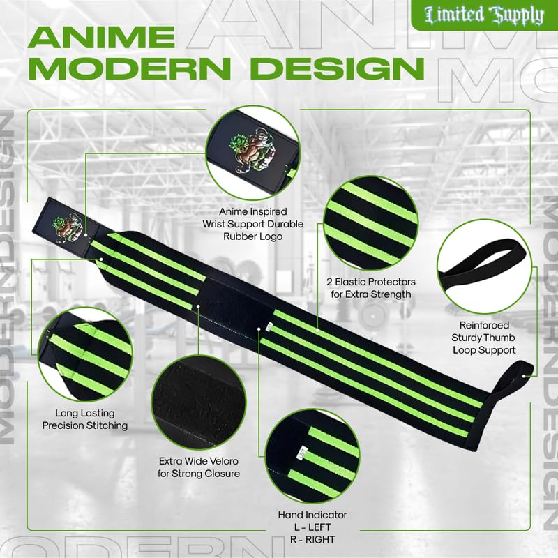 Anime Wrist Wraps Lifting Straps 24" for Men and Women - 1 Pair Each, Gym Accessories Support Weightlifting, Powerlifting, Strength Training, and Improve Workout, Black Green Dzbsyan