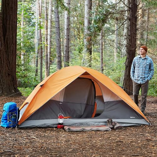 Amazon Basics 4-Person Camping Tent, 3-Season Dome Design with Rainfly, Orange/Grey