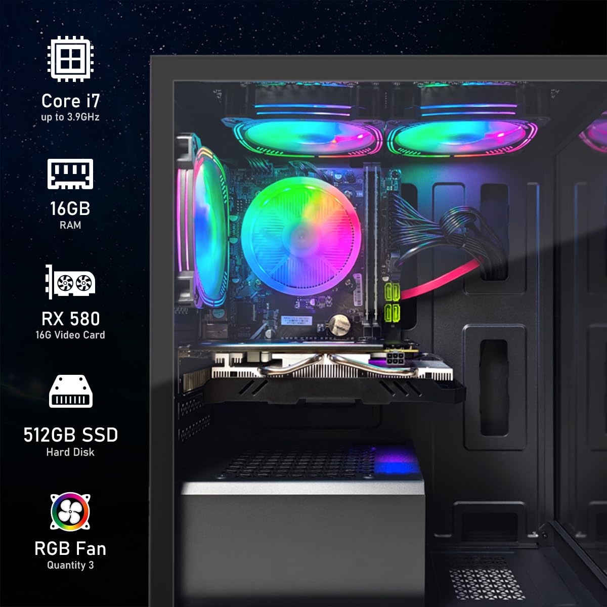 STGAubron Gaming PC Desktop, Radeon RX 580 16G GDDR5, Intel Core i7 up to 3.9G, 16G RAM, 512G SSD, 600M WiFi, BT 5.0, RGB Fan x3, RGB BT Sound Bar, Windows 10 Home