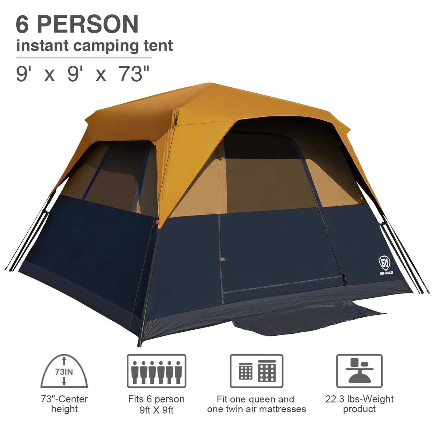 EVER ADVANCED 6 Person Camping Tent, Blackout Tent for Camping Instant Cabin Tents for Family with Rainfly, 60s Easy Setup, Water-Resistant