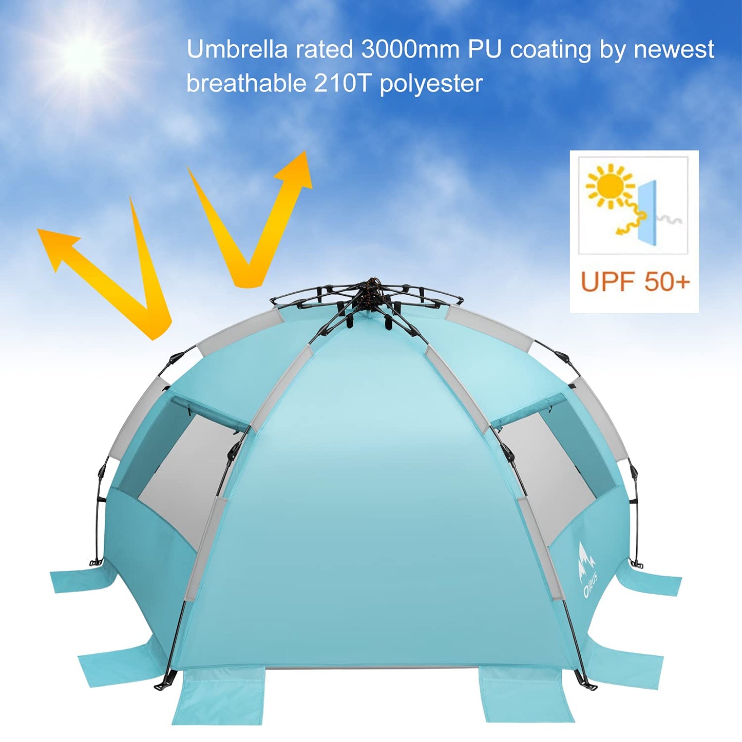Oileus X-Large 4 Person Beach Tent Sun Shelter - Portable Sun Shade Instant Tent for Beach with Carrying Bag, Stakes, 6 Sand Pockets, Anti UV for Fishing Hiking Camping, Waterproof Windproof, Sky Blue