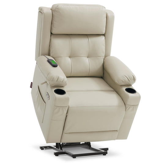 MCombo Lay Flat Triple Motor Power Lift Recliner Chair Sofa with Heat and Massage, Adjustable Headrest for Elderly, Infinite Position, Faux Leather 7661 (Beige, Medium)