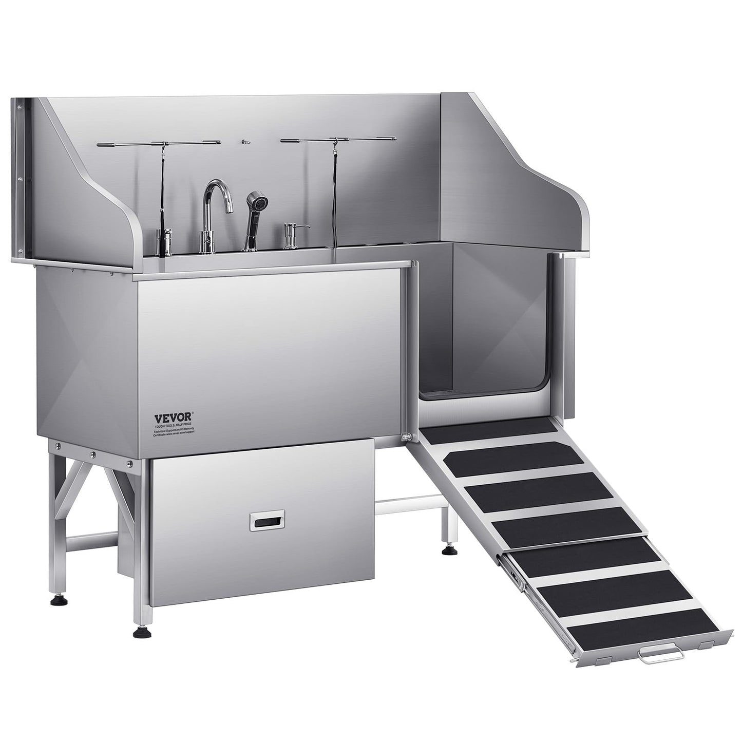 VEVOR Professional 304 Stainless Steel Dog Bathing Station, 61 inch Pet Grooming Tub w/Anti-Slip ramp, Storage Drawer, Cold Hot Faucet Showerhead for Large & Medium & Small (Right Door, with Drawer)
