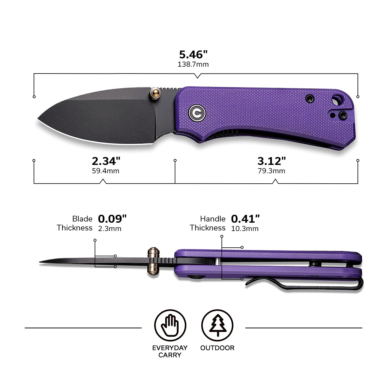 CIVIVI Baby Banter Pocket Folding Knife for EDC, 2.34" Blade Small Knife with Titanium Thumb Stud Opener (Purple)