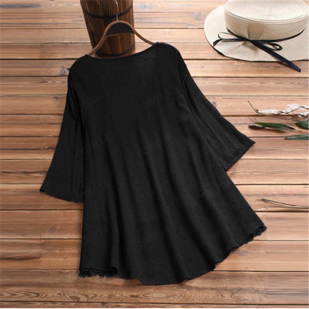 Aniywn Women Round Neck Lace Up Lace Patchwork Flare Pullover Top Casual Plus Size 3/4 Sleeve Floral Printed T-Shirt