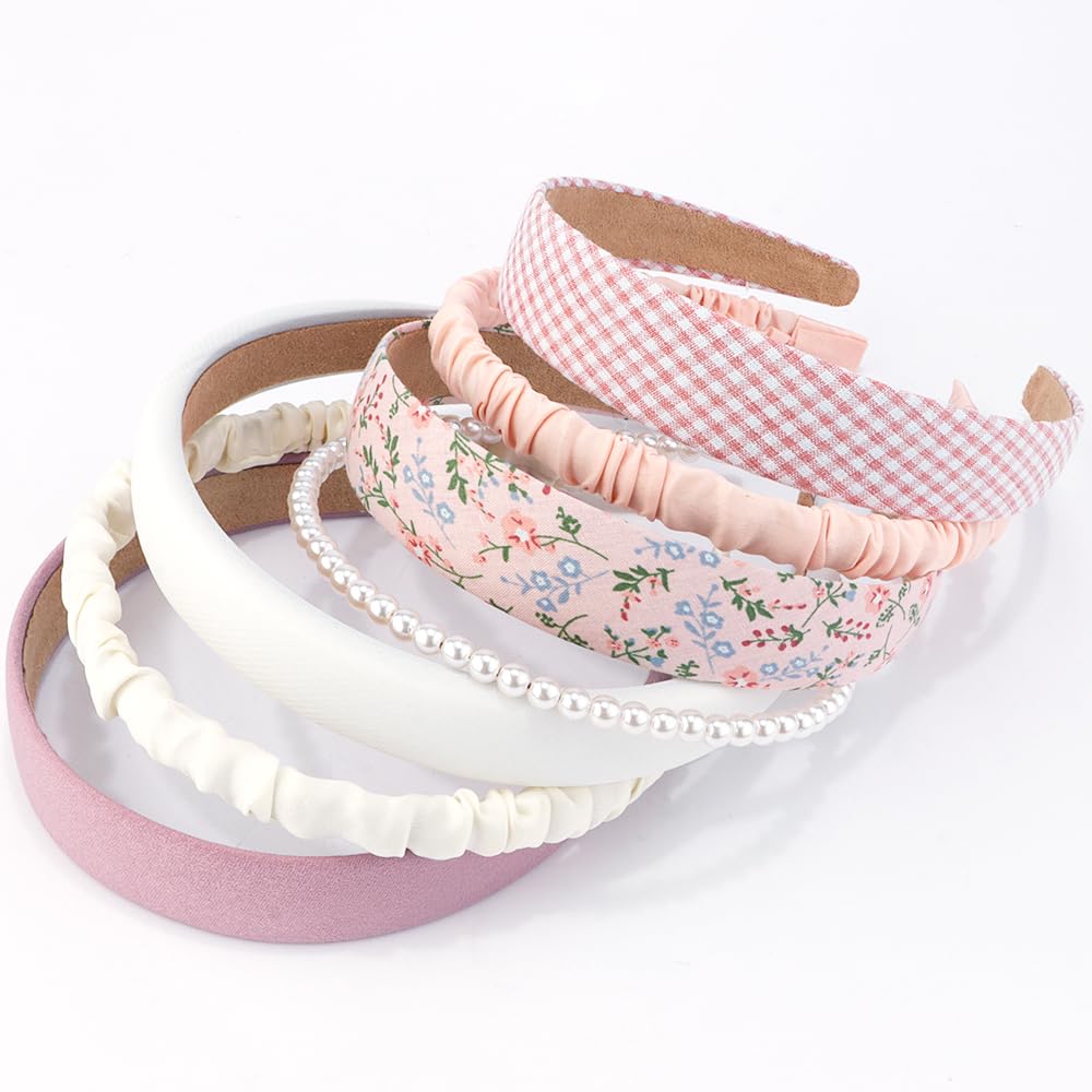 AHONEY 7 Pack Pink Headbands for Girls Women Headbands Trendy Non Slip Hairbands Cute Croquett Hair Accessories Kawaii Multi-style Headband Pack (Pink)