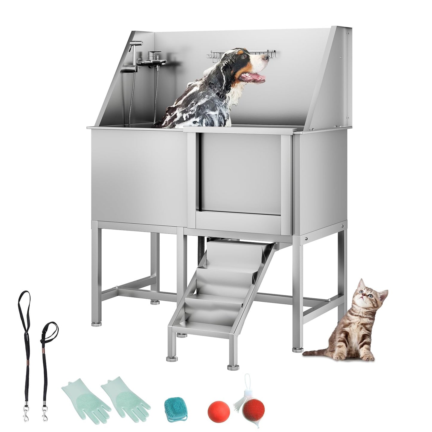 COOLYI 50'' Stainless Steel Dog Washing Station for Large Dogs, Heavy Duty Dog Grooming Bathtub with Bath Brush & Washing Gloves, Pet Bathtub for Dogs with Retractable Ramp (50'' x 27.5'' x 61.6'')