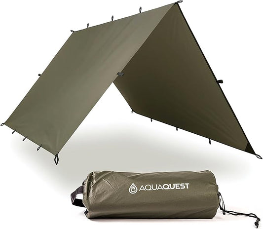 AquaQuest Safari Camping Tarp - Lightweight Durable Rain Fly - Waterproof Camping Essentials for Hiking, Backpacking & Hammock, 10 x 7 ft, Olive Drab