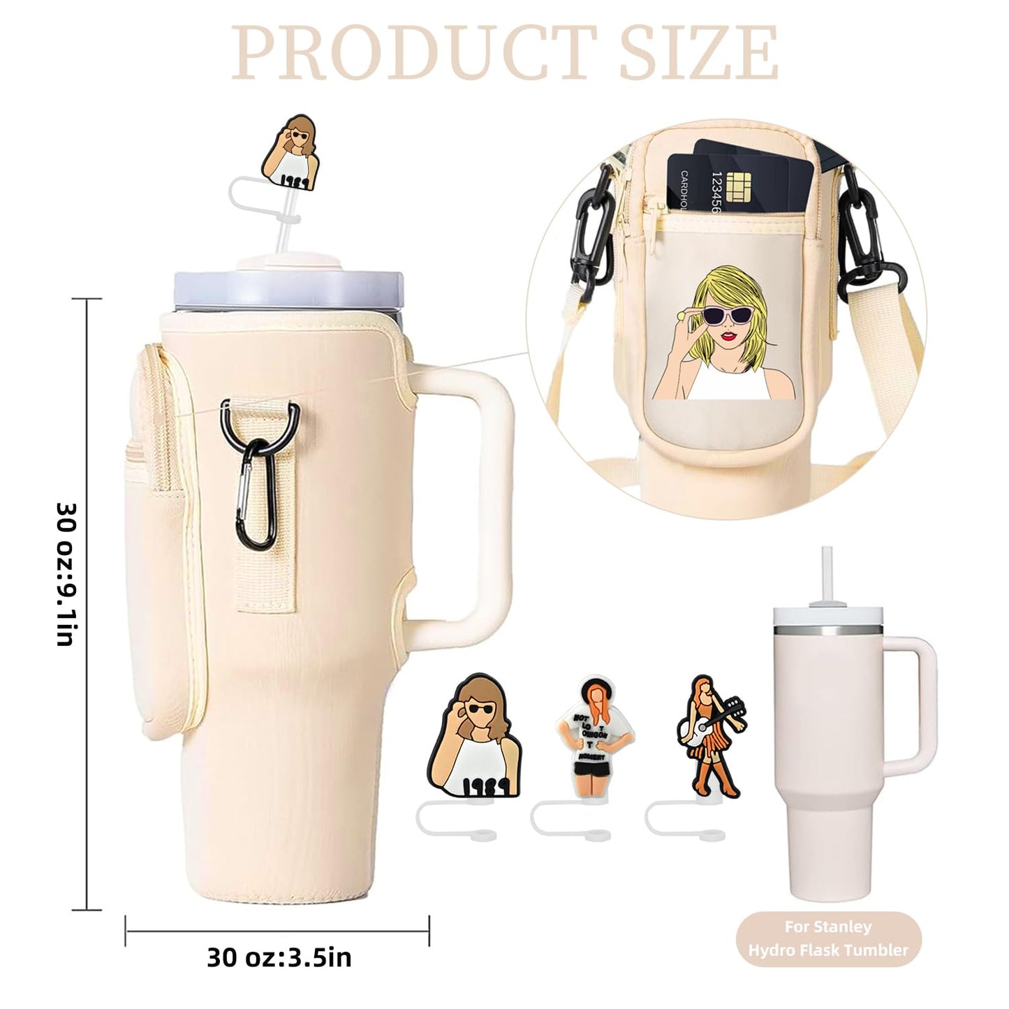 ledytdggu Water Bottle Carrier Bag with Phone Pocket for Stanley 30 oz Tumbler Neoprene Water Bottle Holder Pouch with Adjustable Strap Bollus with Straw Cover & Carabiner for Stanley Cup Accessories