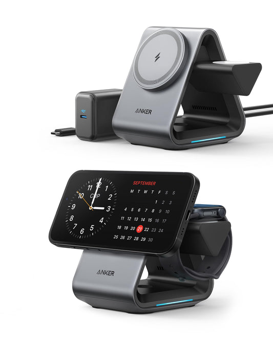 Anker MagSafe Charger Stand, 737 MagGo Charger, 3-in-1 Charging Stand with MFi-Certified 15W Max Fast Charging, iPhone 15/14/13/12 Series, Apple Watch S8/7/6, AirPods, 30W USB-C Adapter Included