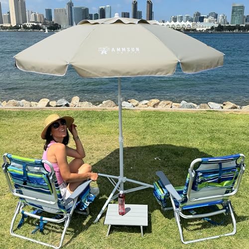 AMMSUN Shade Umbrella, Premium Portable Umbrella with Stand, 6.5ft Lightweight Free Standing Canopy for Sporting Games, Adjustable Instant Sun Protection and Easy to Carry, Beige
