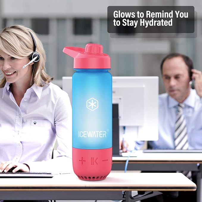 ICEWATER 3-in-1 Smart Water Bottle, Glows to Remind You to Keep Hydrated, Bluetooth Speaker & Dancing Lights, Plastic Water Bottle With Chug Lid, Great Birthday Gift (20 oz, Pink)
