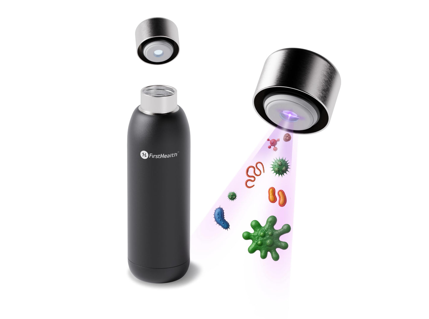FIRSTHEALTH UV Self Cleaning and Water Purifying Bottle -18 Ounce Insulated Rechargeable Stainless-Steel Tumbler, Reusable, Kills 99.9% of Germs, Bacteria. Keeps Hot for 12-HR or Cold for 24-HR