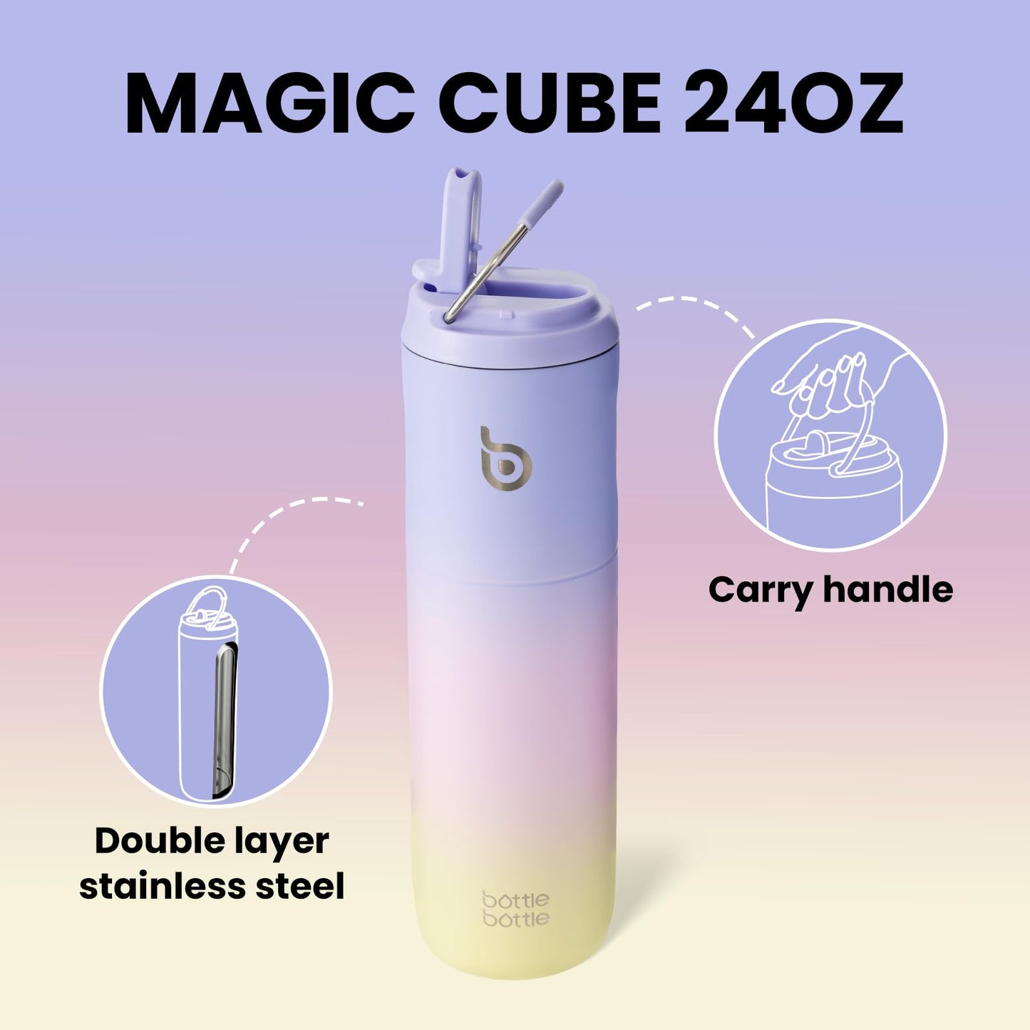 BOTTLE BOTTLE Insulated Water Bottle 24oz with Straw Lid and Handle for Sports Travel Gym Stainless Steel Water Bottles Double-Wall Vacuum Metal Thermos Bottles Leak Proof BPA-Free (purplepinkyellow)