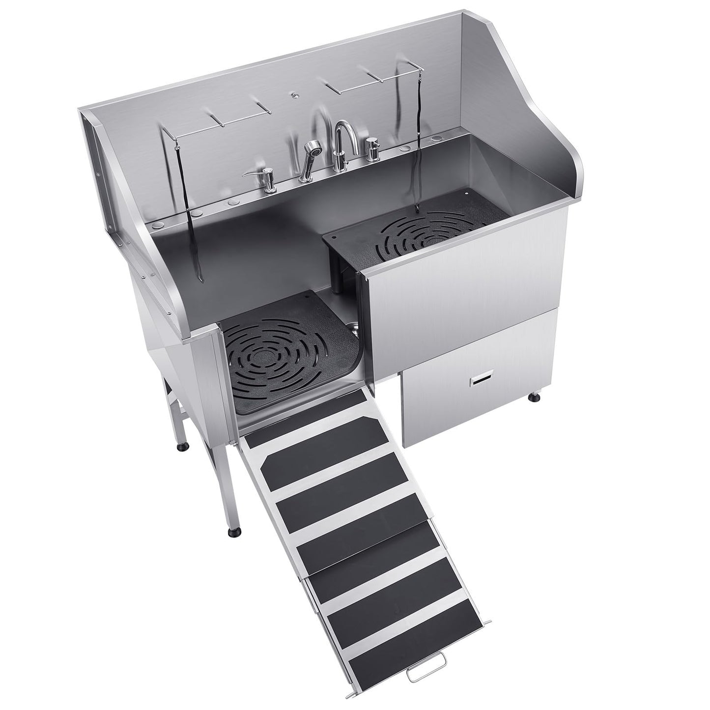 Happybuy Stainless Steel Dog Washing Station, 61 - inch Pet Grooming Tub with Ramp, Water Filter Board, Faucet, Showerhead & Leash, Suitable for Large, Medium and Small Pets (Left Door)