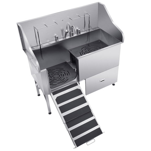 Happybuy Stainless Steel Dog Washing Station, 61 - inch Pet Grooming Tub with Ramp, Water Filter Board, Faucet, Showerhead & Leash, Suitable for Large, Medium and Small Pets (Left Door)