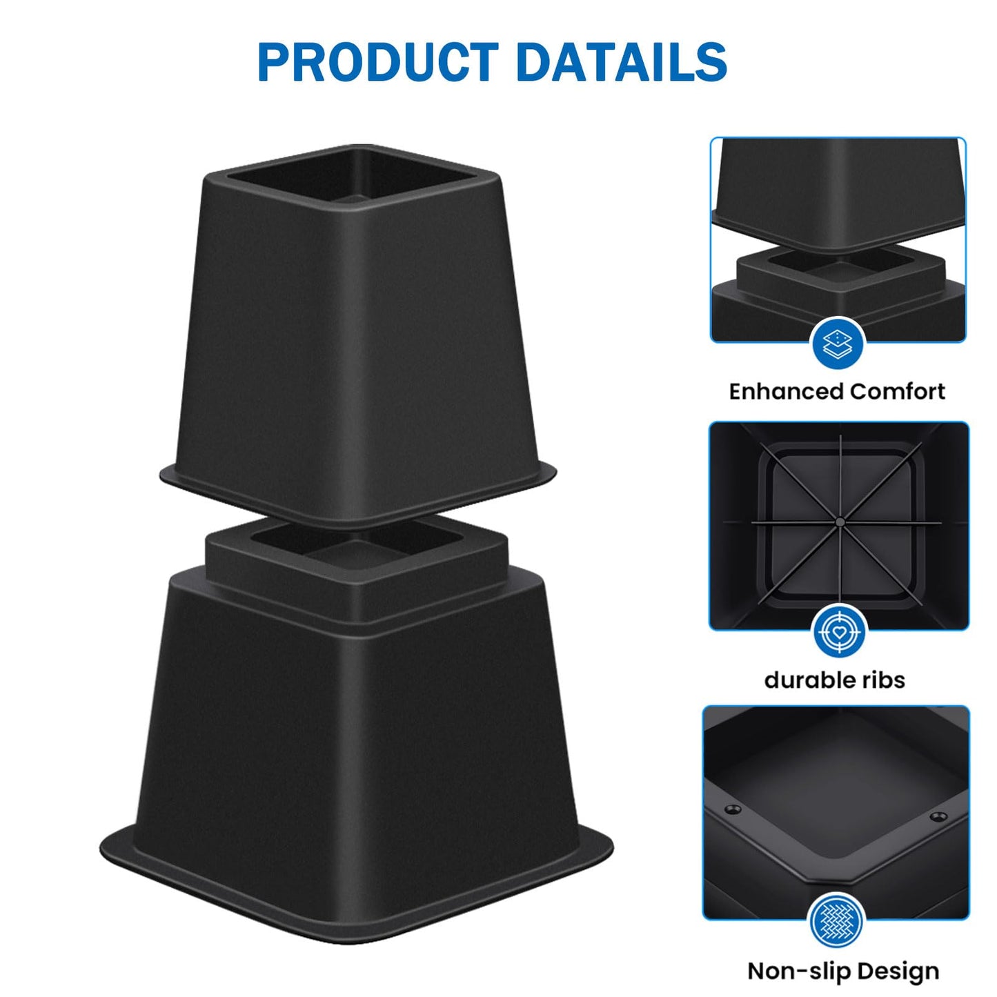 ANNKUT Bed Risers 8 inch Heavy Duty,Elevation in Heights 3, 5, 8 Inch，Adjustable Furniture Risers for Chair Table and Desk Legs Lifting (6 Pack,Black)